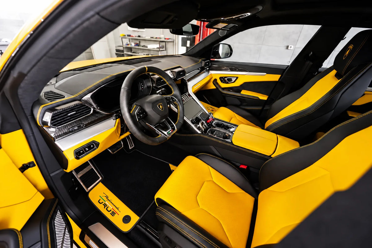 Black Floor Mats for Lamborghini Urus Performante with Yellow Leather | Italian Edition inside the vehicle