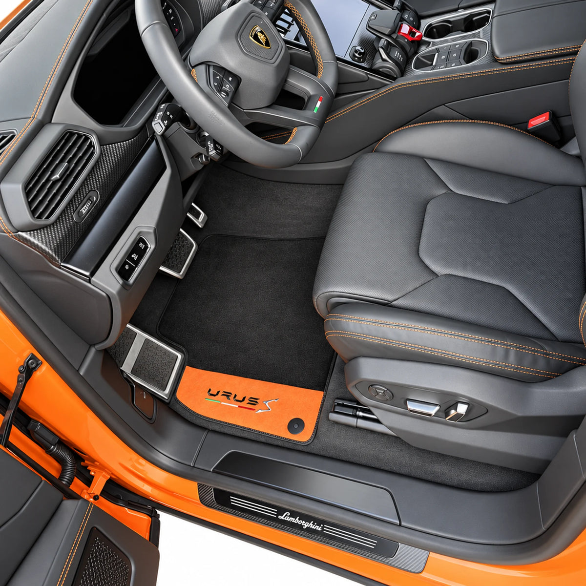 Black Floor Mats For Lamborghini Urus S With Orange Alcantara Leather - AutoWin