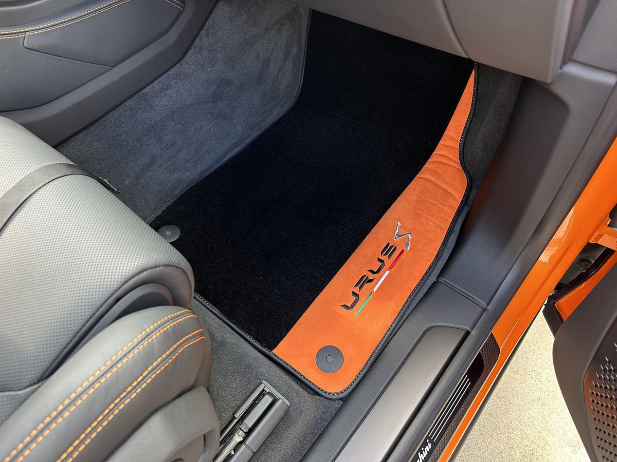 Black Floor Mats For Lamborghini Urus S With Orange Alcantara Leather - AutoWin