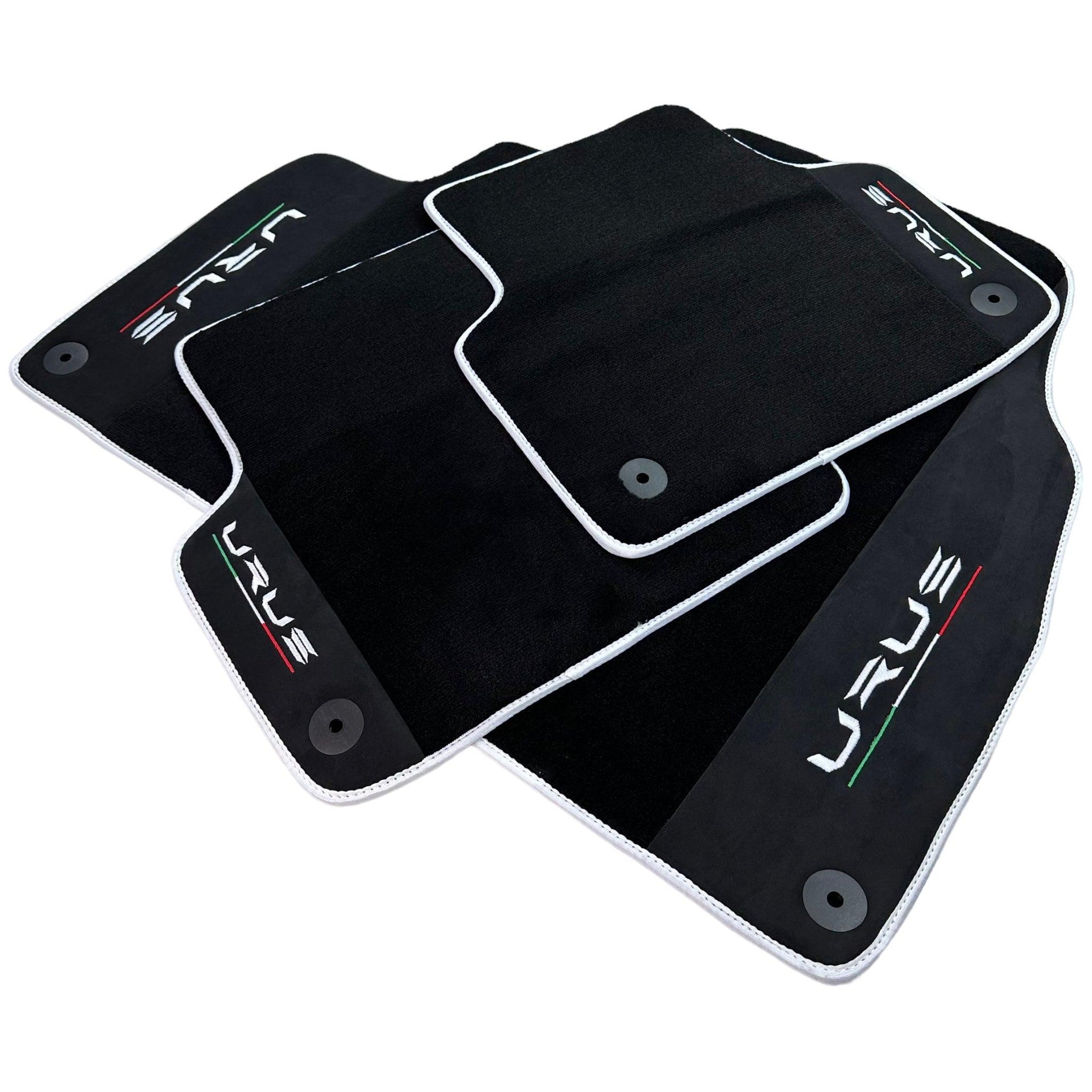 Black Floor Mats For Lamborghini Urus With Alcantara Leather White Trim - AutoWin