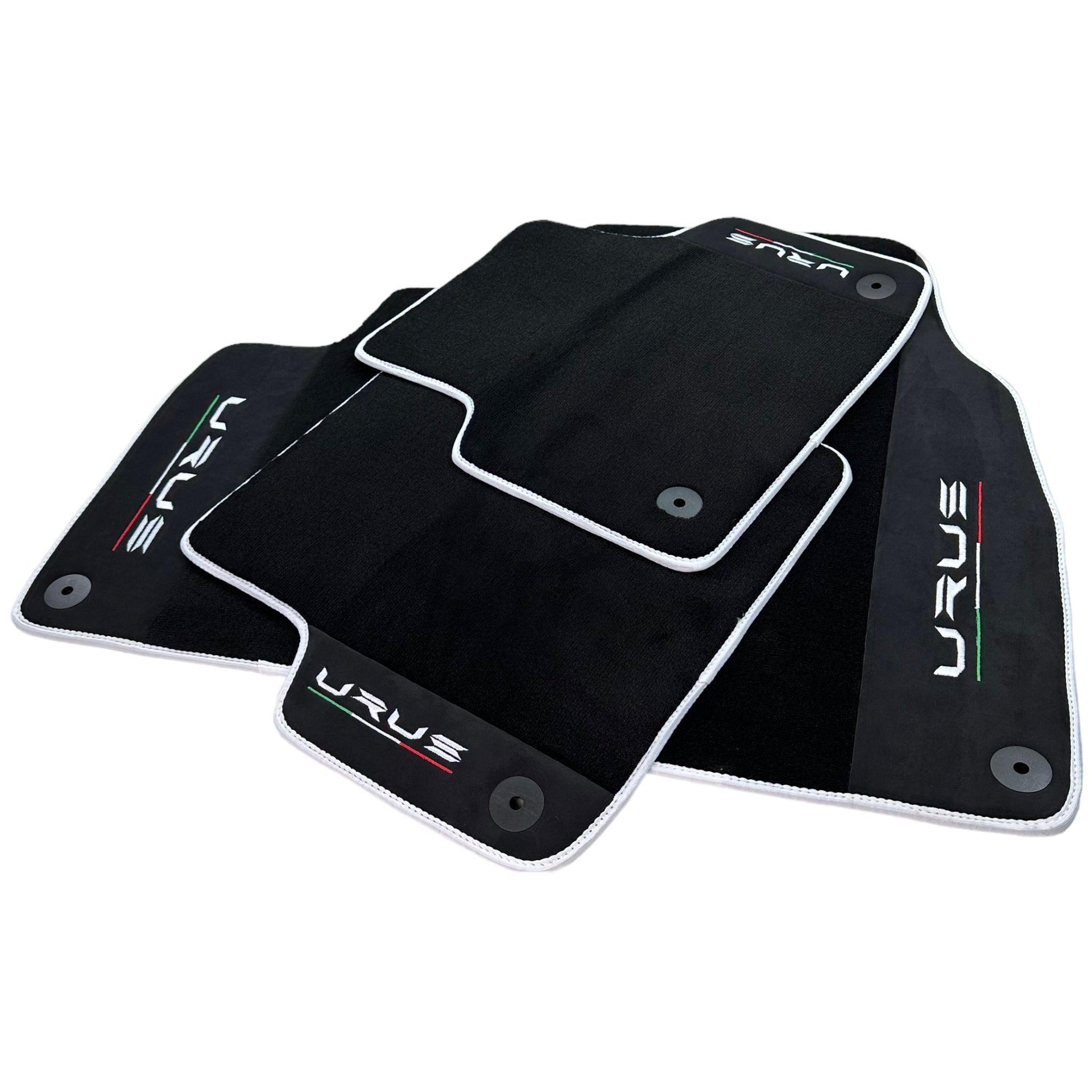 Black Floor Mats For Lamborghini Urus With Alcantara Leather White Trim - AutoWin