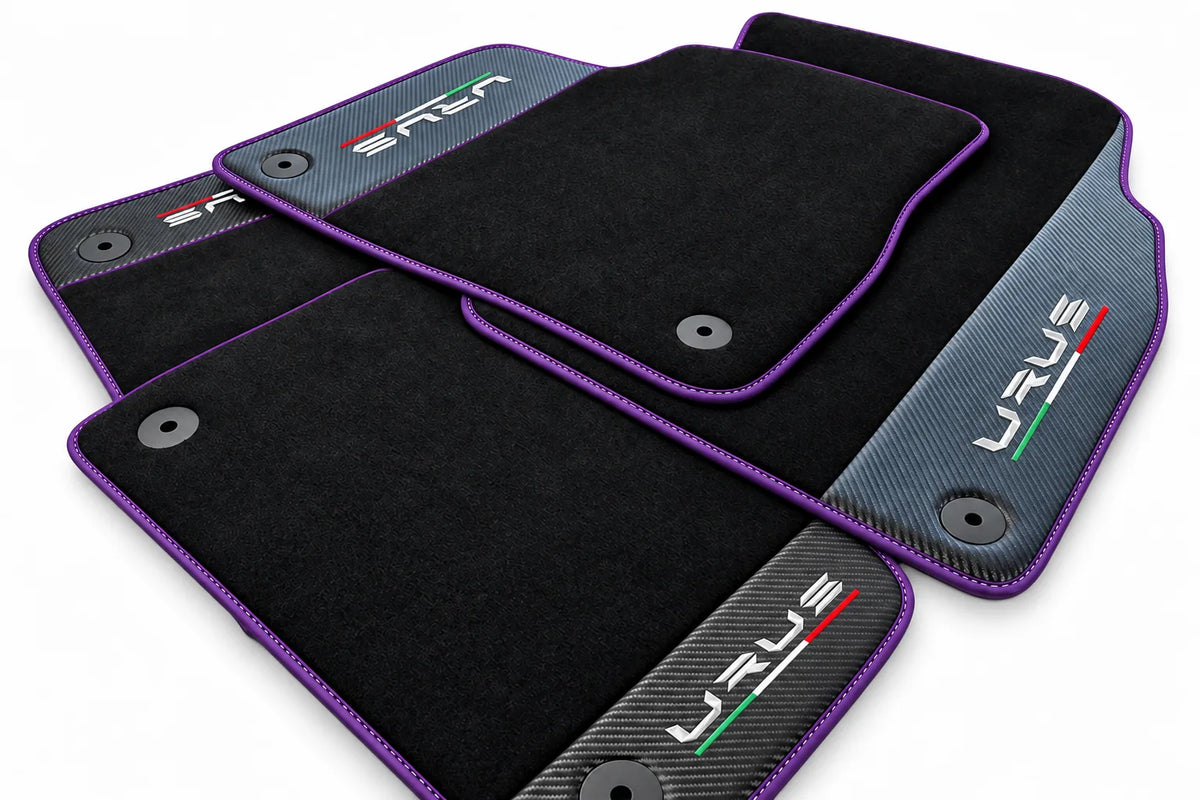Black Floor Mats For Lamborghini Urus With Carbon Fiber Leather Purple trim