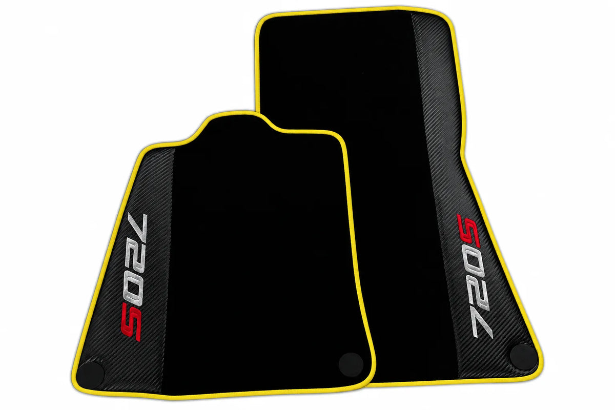 Black Floor Mats for McLaren 720S with Carbon Fiber | Various Trim Colors Yellow trim