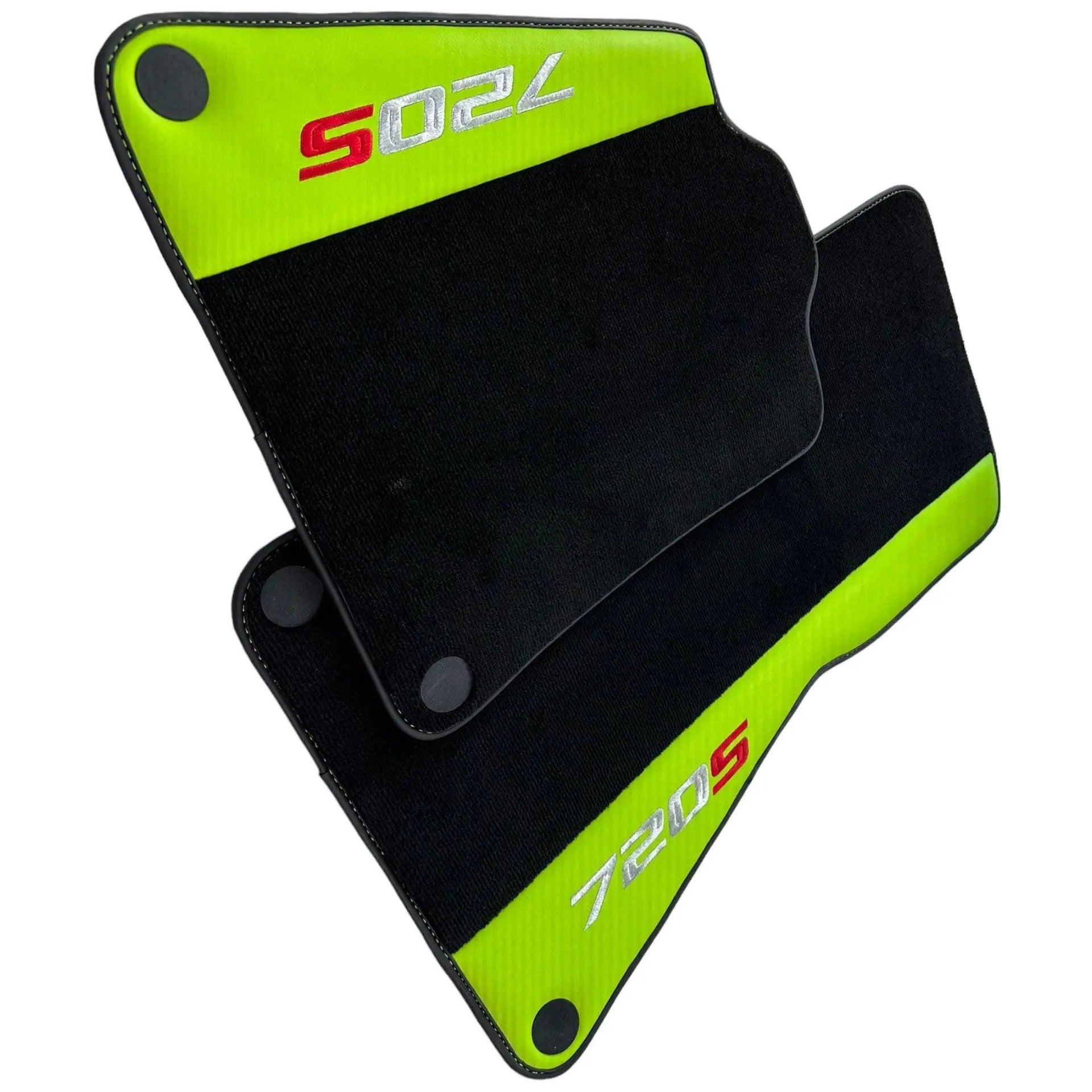 Black Floor Mats For McLaren 720S Year 2017-2021 With Green Leather - AutoWin