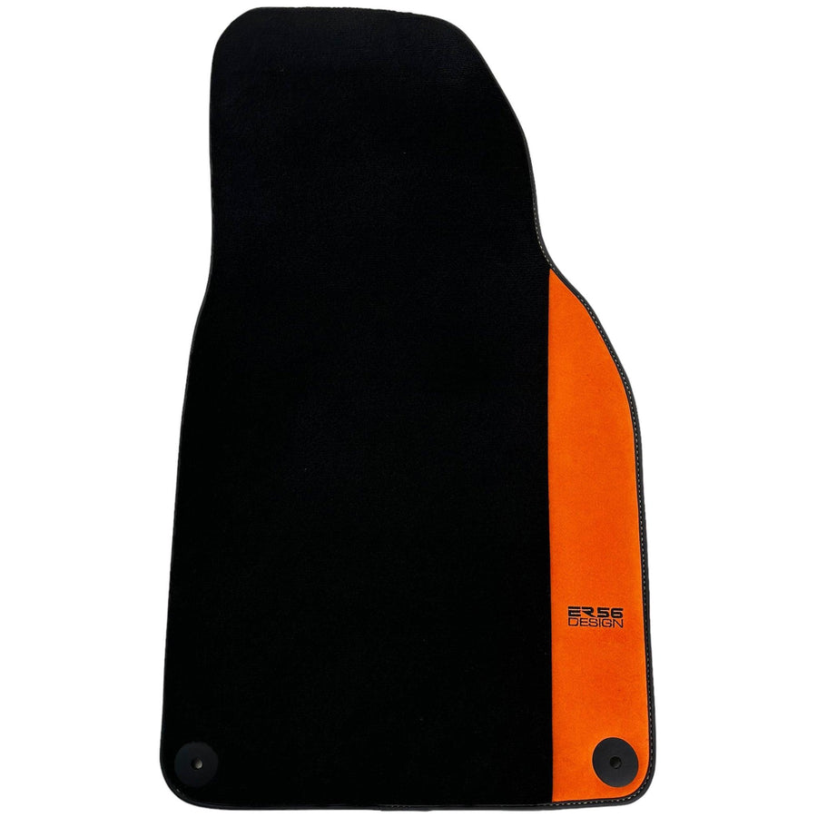 Black Floor Mats for Porsche 981 Boxster (2013-2016) with Orange Alcantara Leather ER56 Design - AutoWin