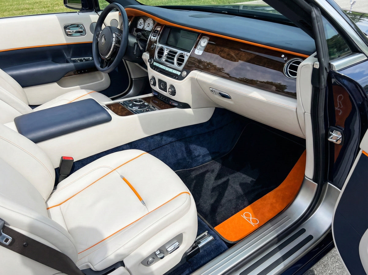 Interior look of floor mats for Black Floor Mats For Rolls Royce Black Badge Dawn Alcantara Leather