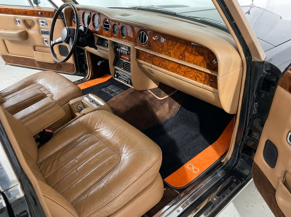 Interior look of floor mats for Black Floor Mats For Rolls Royce Black Badge Wraith Orange Alcantara
