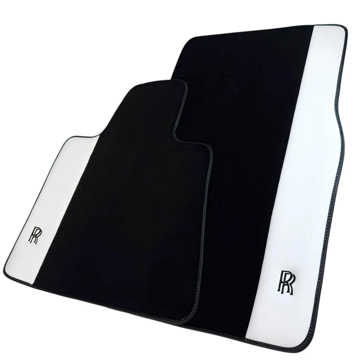 Black Floor Mats for Rolls Royce Cullinan (2018-2025) with White Leather | RR Logo