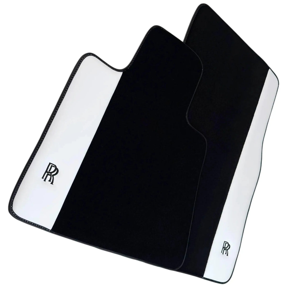 Black Floor Mats for Rolls Royce Cullinan (2018-2025) with White Leather | RR Logo
