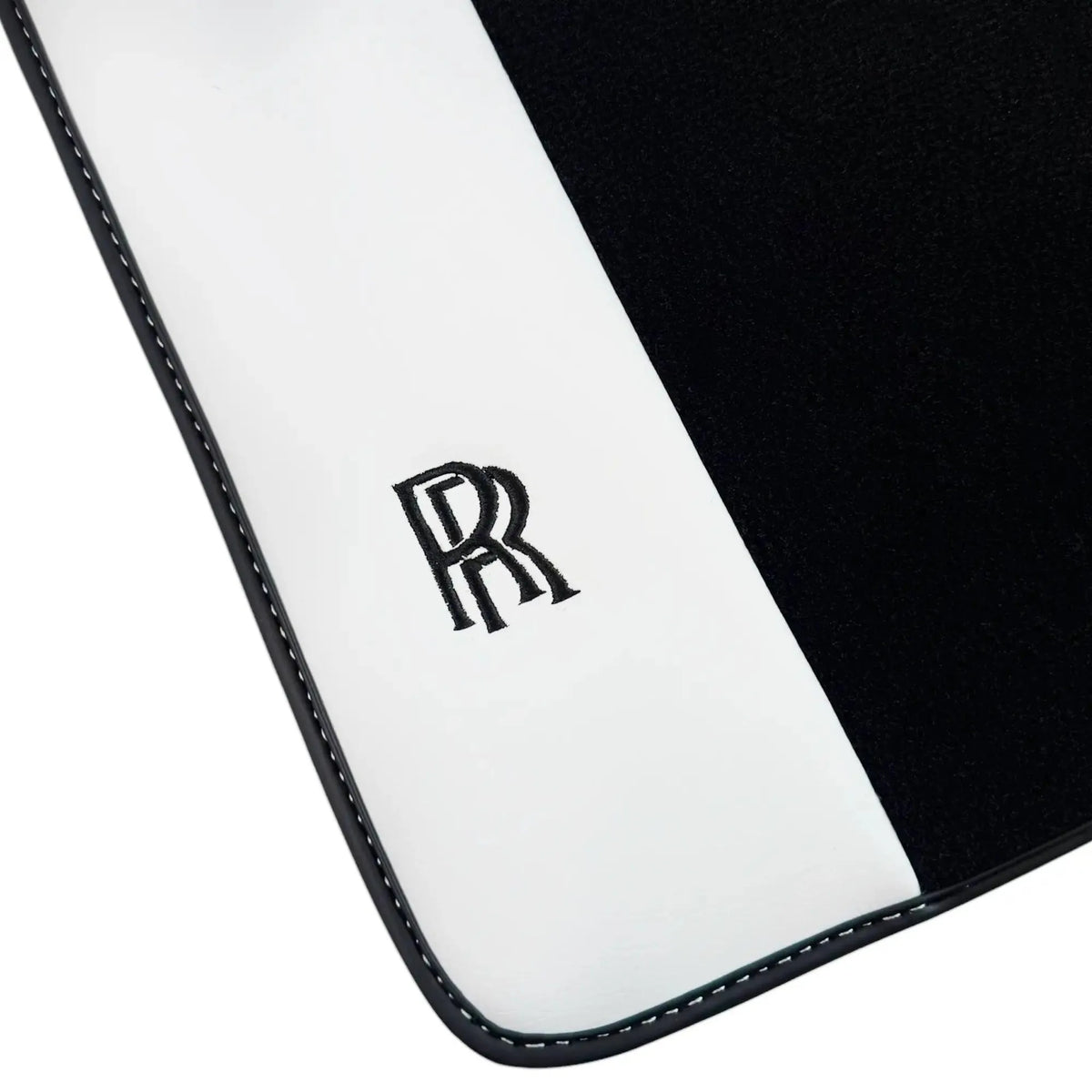Black Floor Mats for Rolls Royce Cullinan (2018-2025) with White Leather | RR Logo