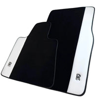 Black Floor Mats for Rolls Royce Ghost Series I (2010–2020) with White Leather | RR Logo