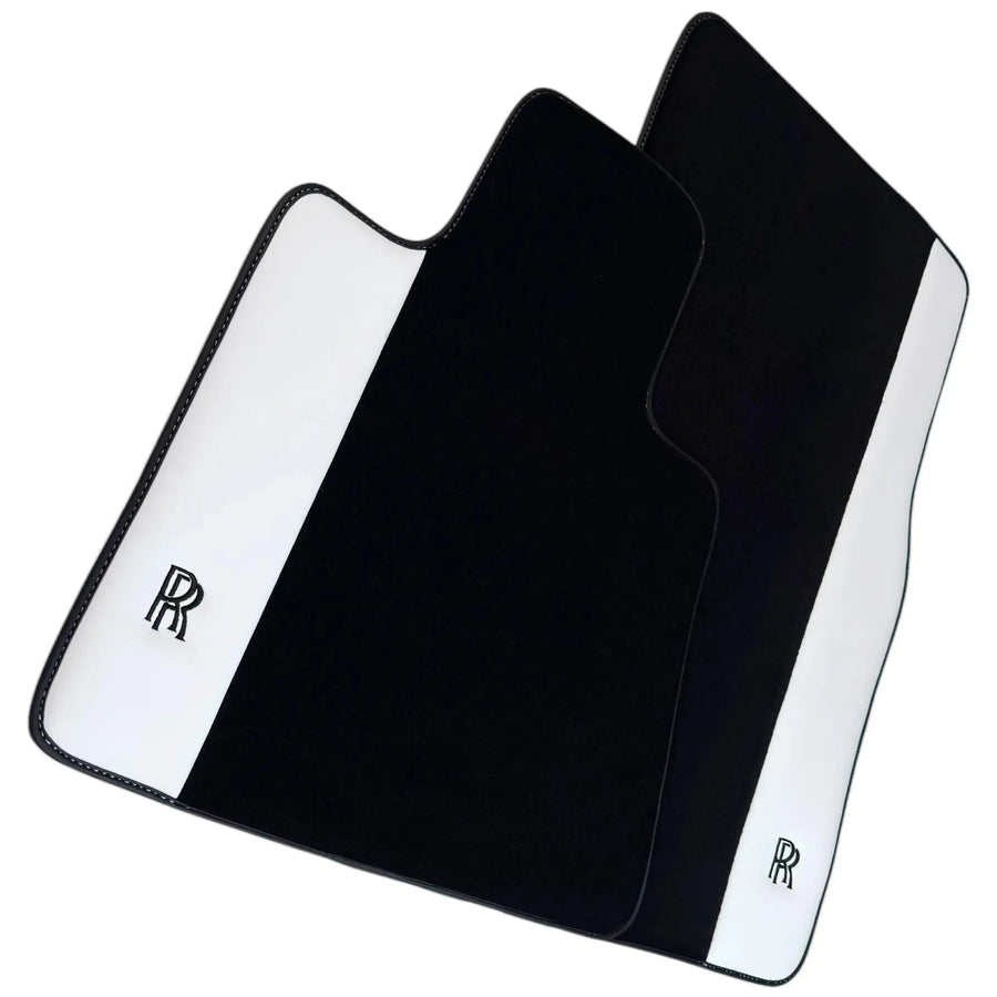 Black Floor Mats for Rolls Royce Ghost Series II (2021–2024) with White Leather | RR Logo