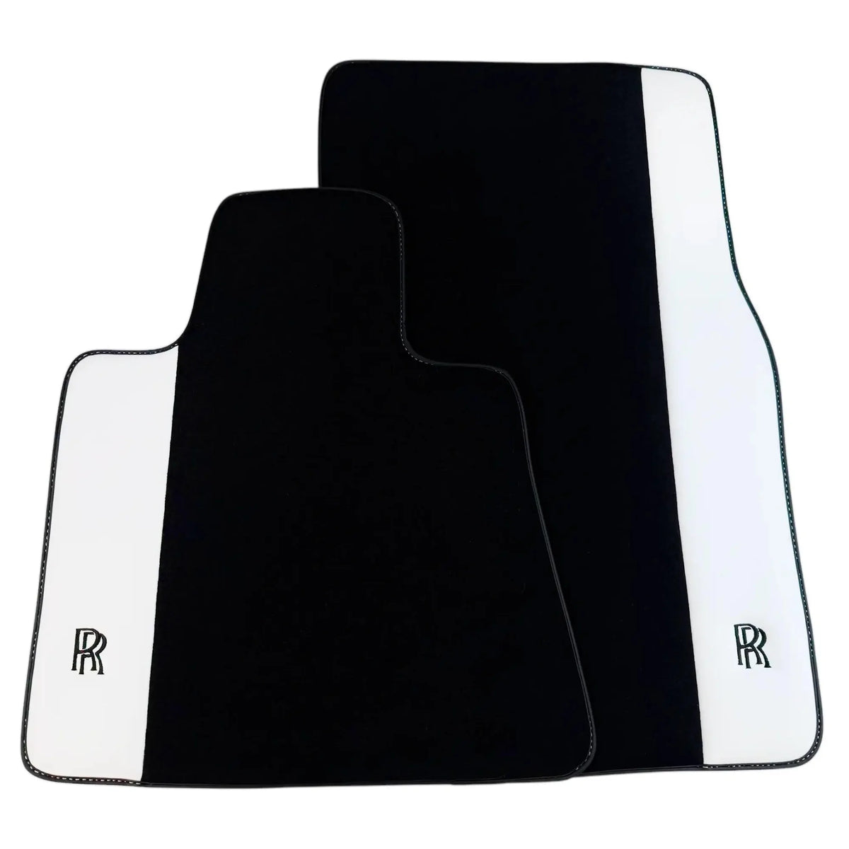 Black Floor Mats for Rolls Royce Phantom Drophead Coupe (2007-2016) with White Leather | RR Logo