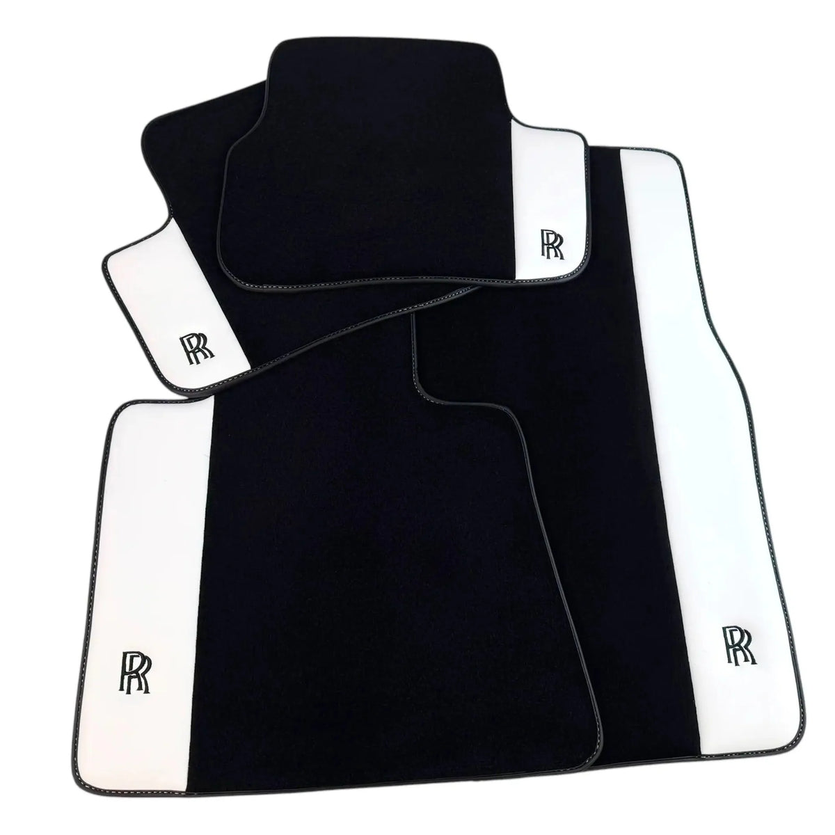 Black Floor Mats for Rolls Royce Phantom Drophead Coupe (2007-2016) with White Leather | RR Logo