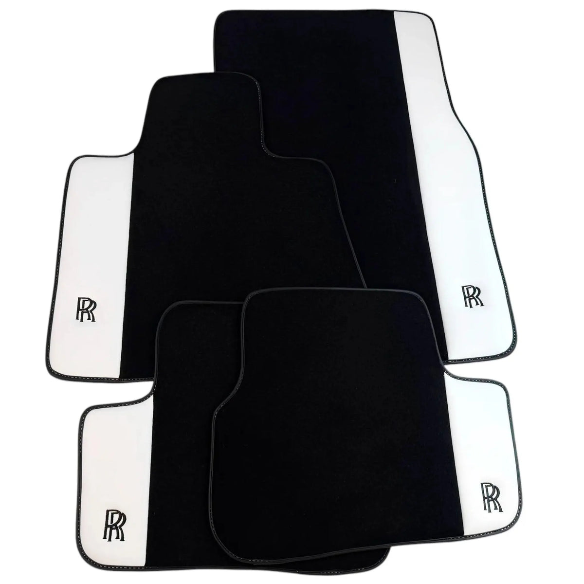 Black Floor Mats for Rolls Royce Phantom VIII (2017-2024) with White Leather | RR Logo