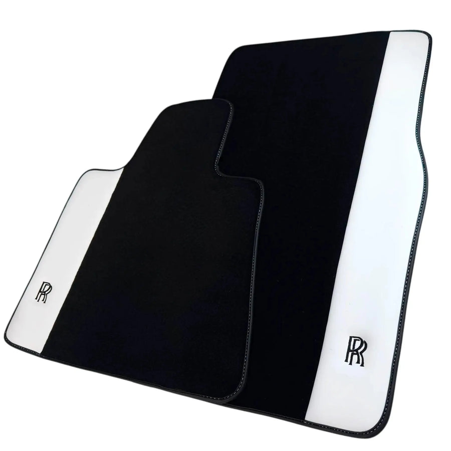 Black Floor Mats for Rolls Royce Shadow (1965-1977) with White Leather | RR Logo