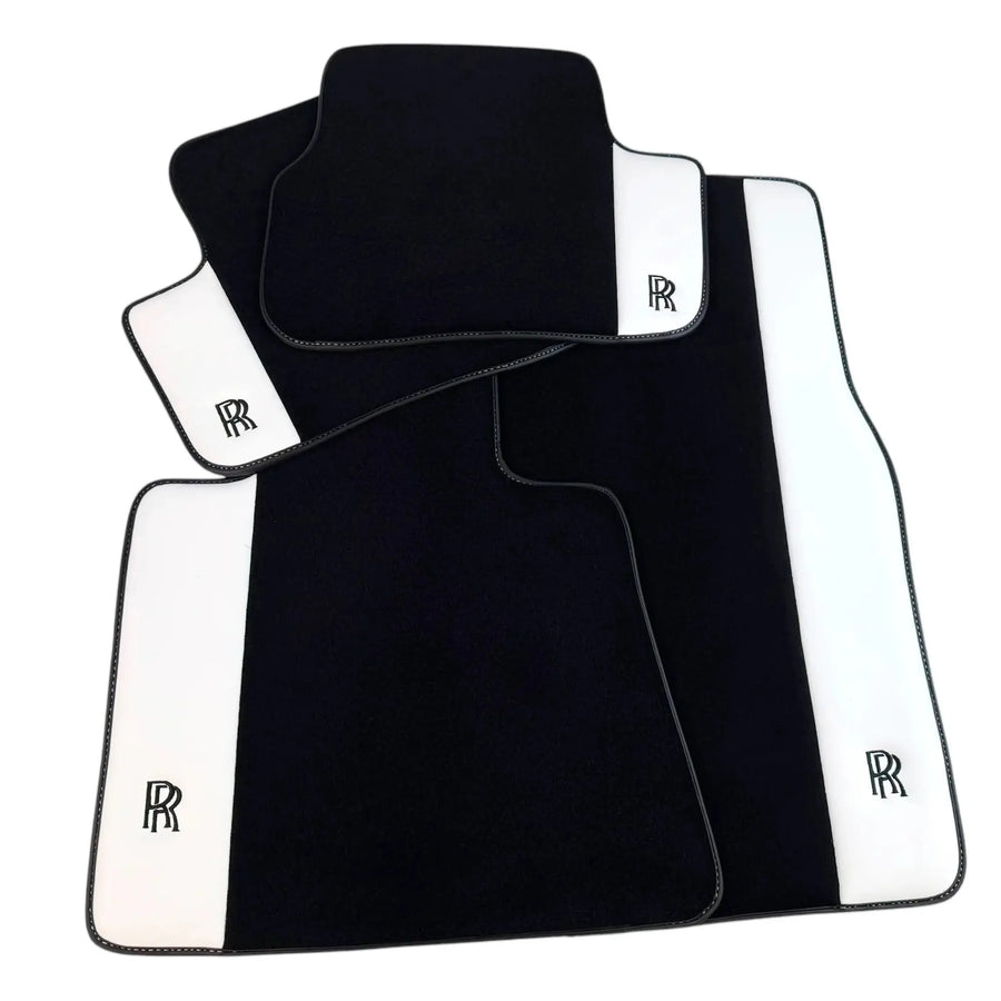 Black Floor Mats for Rolls Royce Shadow (1965-1977) with White Leather | RR Logo