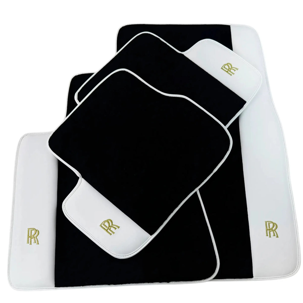 Black Floor Mats for Rolls Royce Spectre 2023-2024 with White Leather | RR Logo