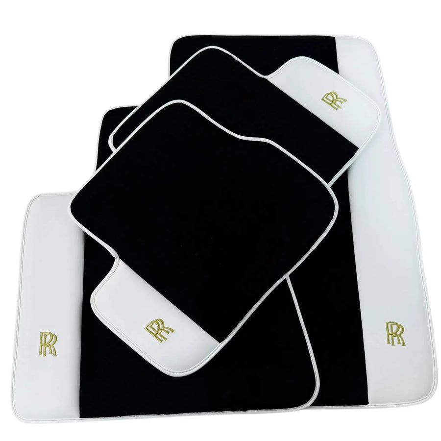 Black Floor Mats for Rolls Royce Spectre 2023-2024 with White Leather | RR Logo
