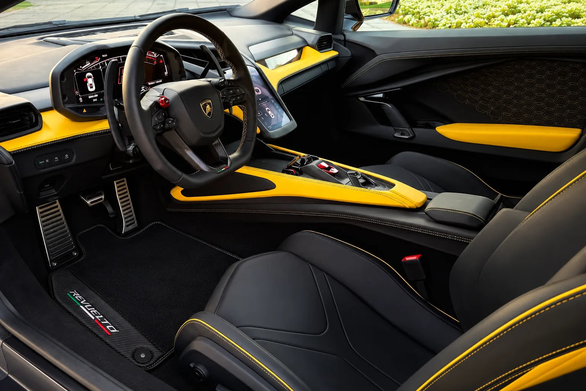 Black Floor Mats with Carbon Fiber Leather for Lamborghini Revuelto (2024-2027) inside the vehicle