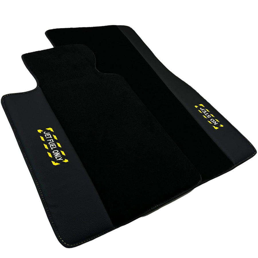 Black Floor Mats with Leather for BMW Gran Tourer F46 (2015-2022) 7 Seats - "Jet Fuel Only" - AutoWin