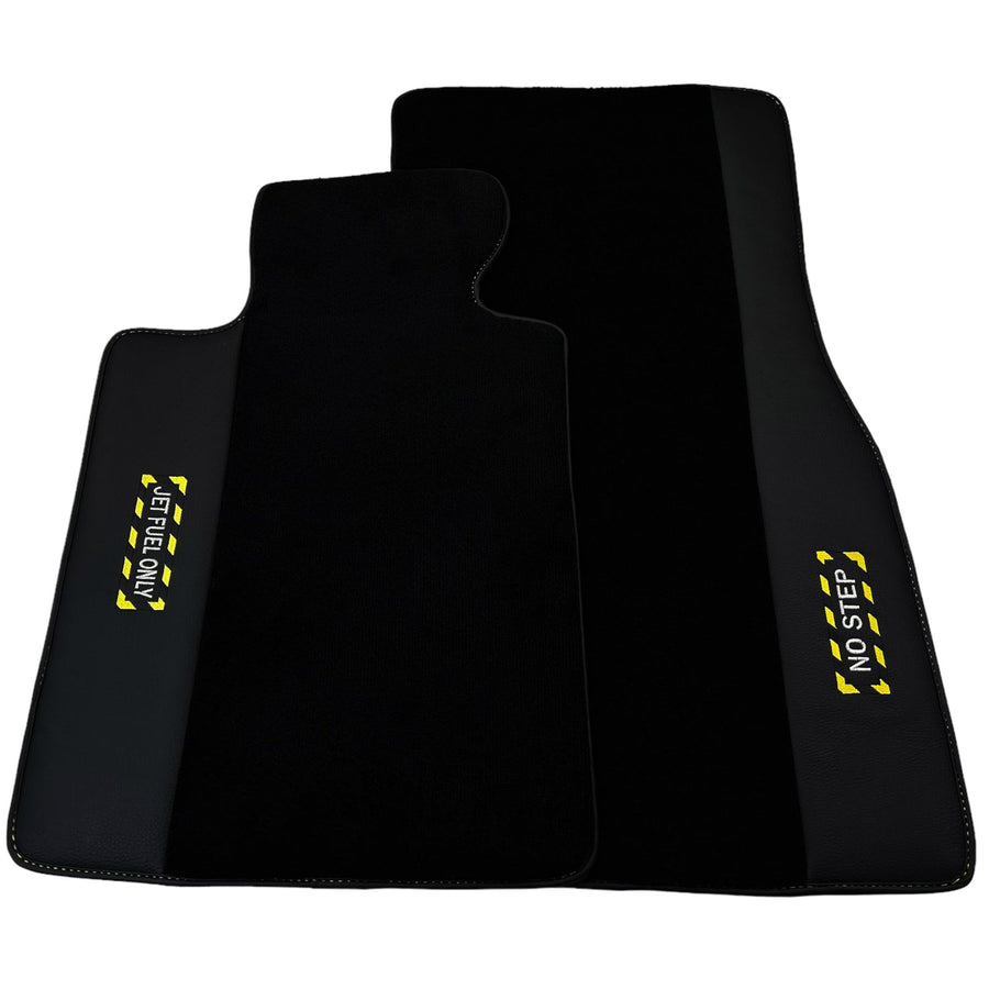 Black Floor Mats with Leather for BMW Gran Tourer F46 (2015-2022) 5 Seats - "Jet Fuel Only" - AutoWin