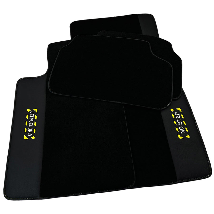 Black Floor Mats with Leather for BMW Gran Tourer F46 (2015-2022) 7 Seats - "Jet Fuel Only" - AutoWin