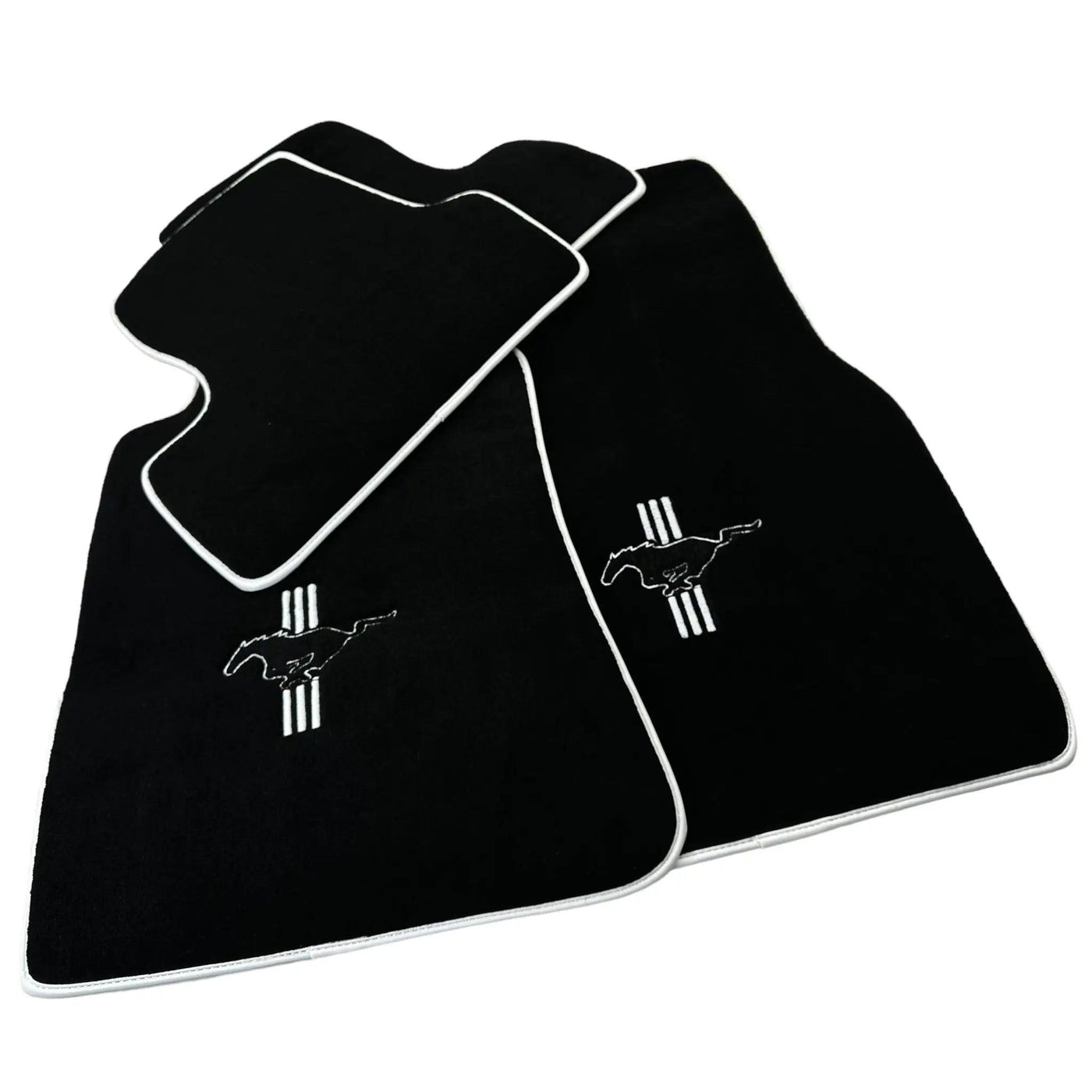 Black Floor Mats with White Trim For Ford Mustang V (2004-2010) With Pony - AutoWin