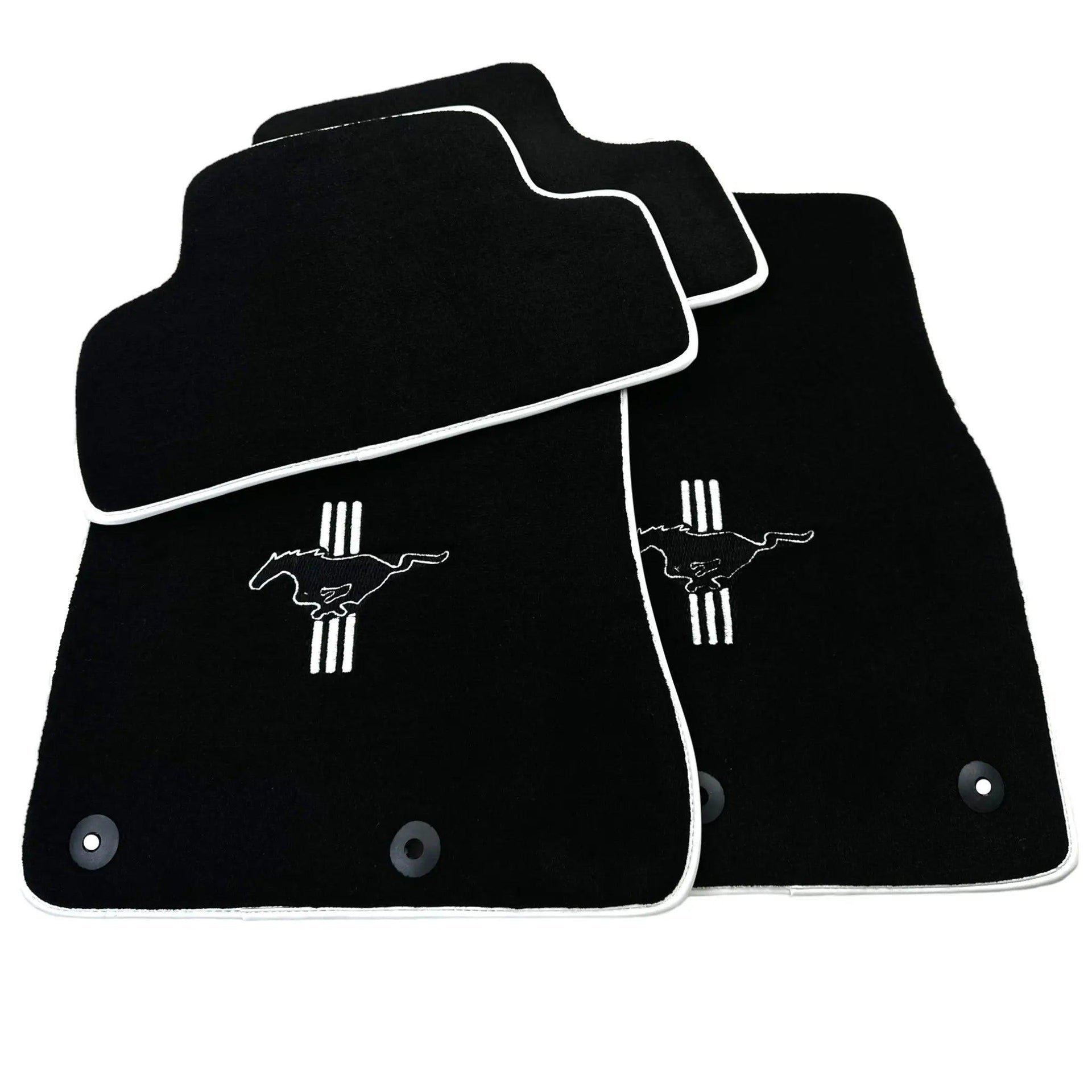 Black Floor Mats with White Trim for Ford Mustang V FL (2011-2014) With Pony - AutoWin