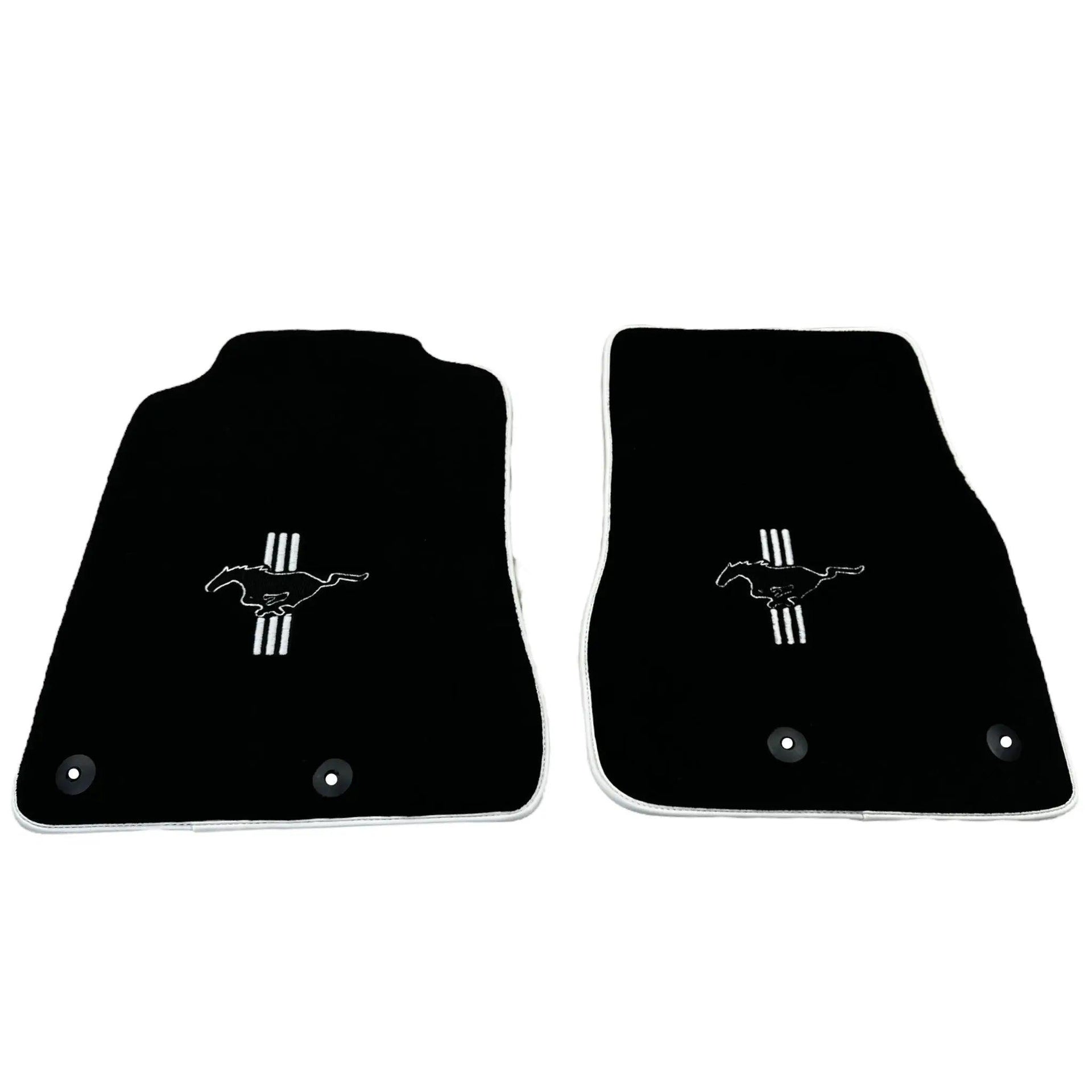 Black Floor Mats with White Trim for Ford Mustang V FL (2011-2014) With Pony - AutoWin