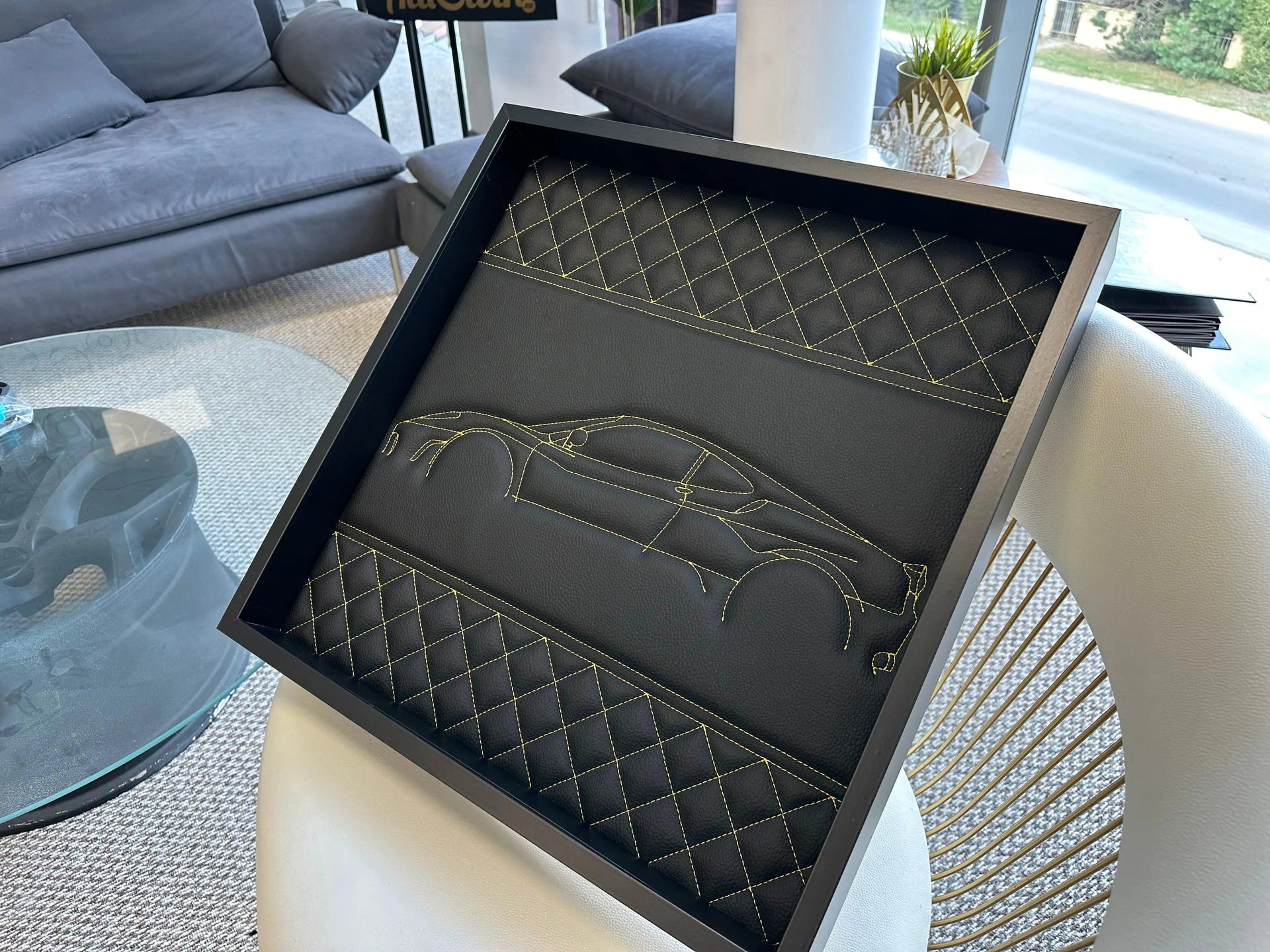 Black Leather Ferrari 458 Inspired Wall Art: Embroidered Yellow Stitch Luxury Decor - AutoWin