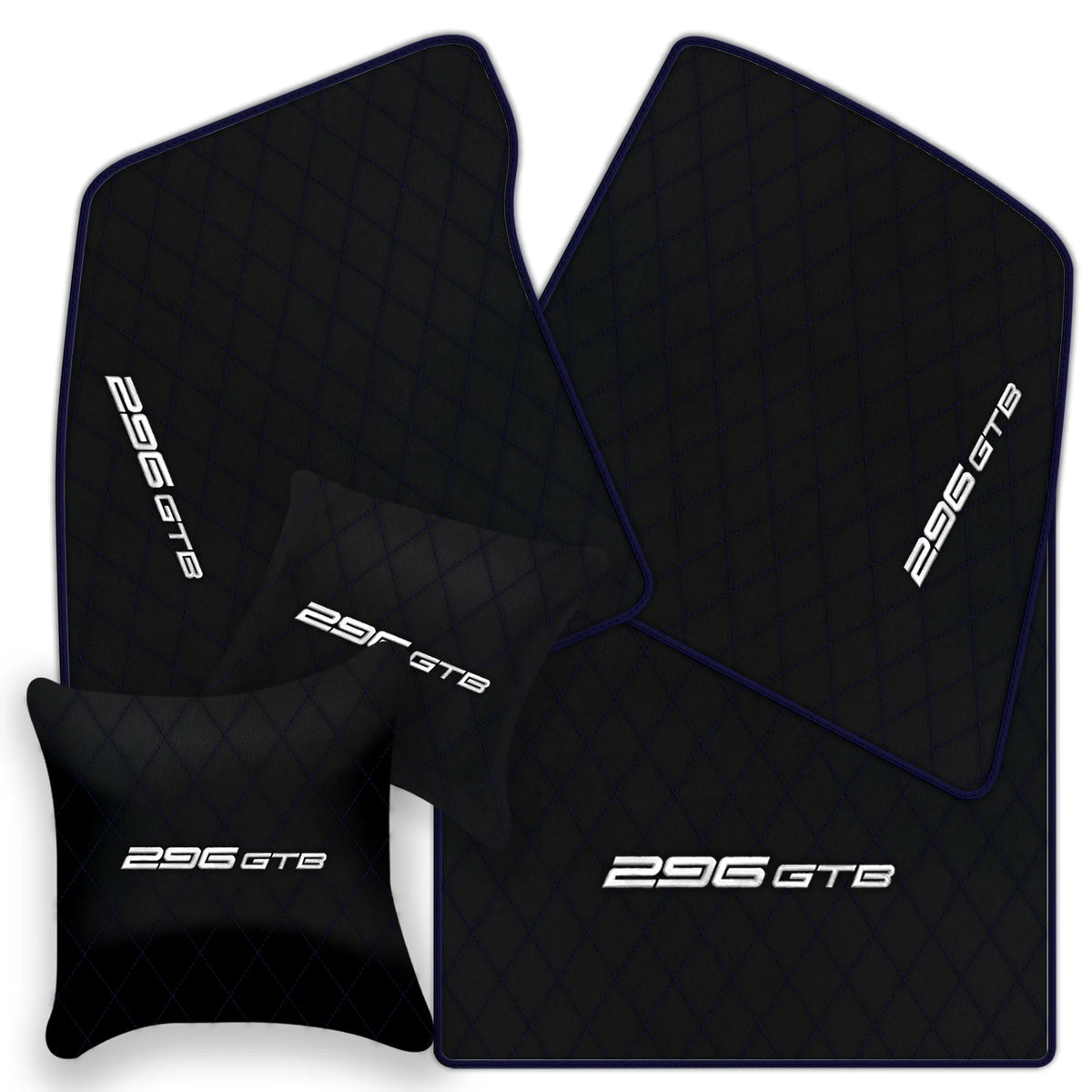 Black Leather Floor Mats for Ferrari 296 GTB (2022-2027) with Single Diamond Pattern | Full Set Option
