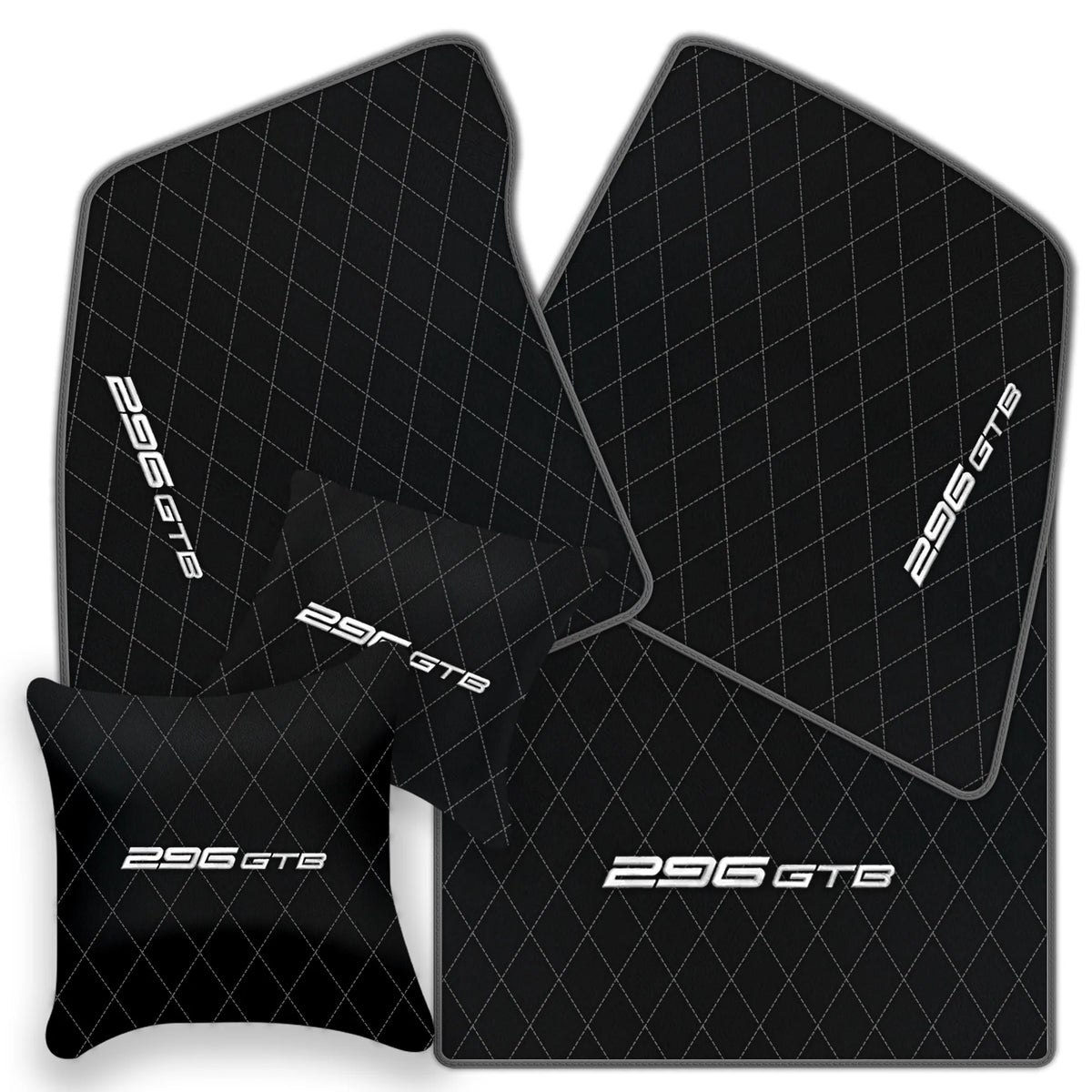 Black Leather Floor Mats for Ferrari 296 GTB (2022-2027) with Single Diamond Pattern | Full Set Option