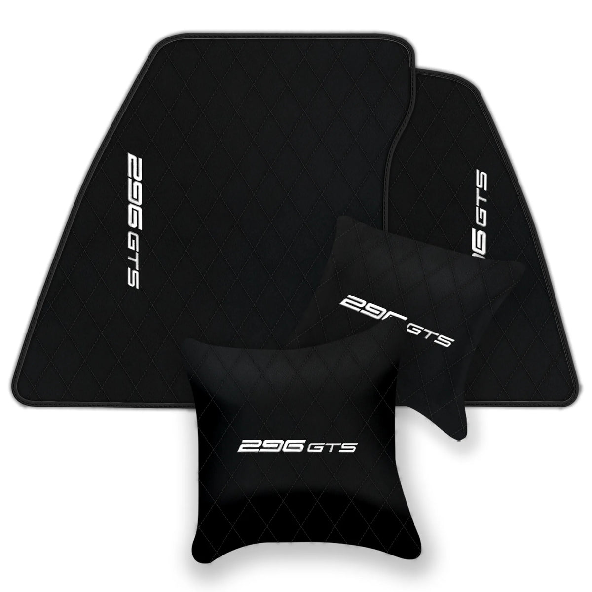 Black Leather Floor Mats for Ferrari 296 GTS (2022-2027) with Single Diamond Pattern | Full Set Option