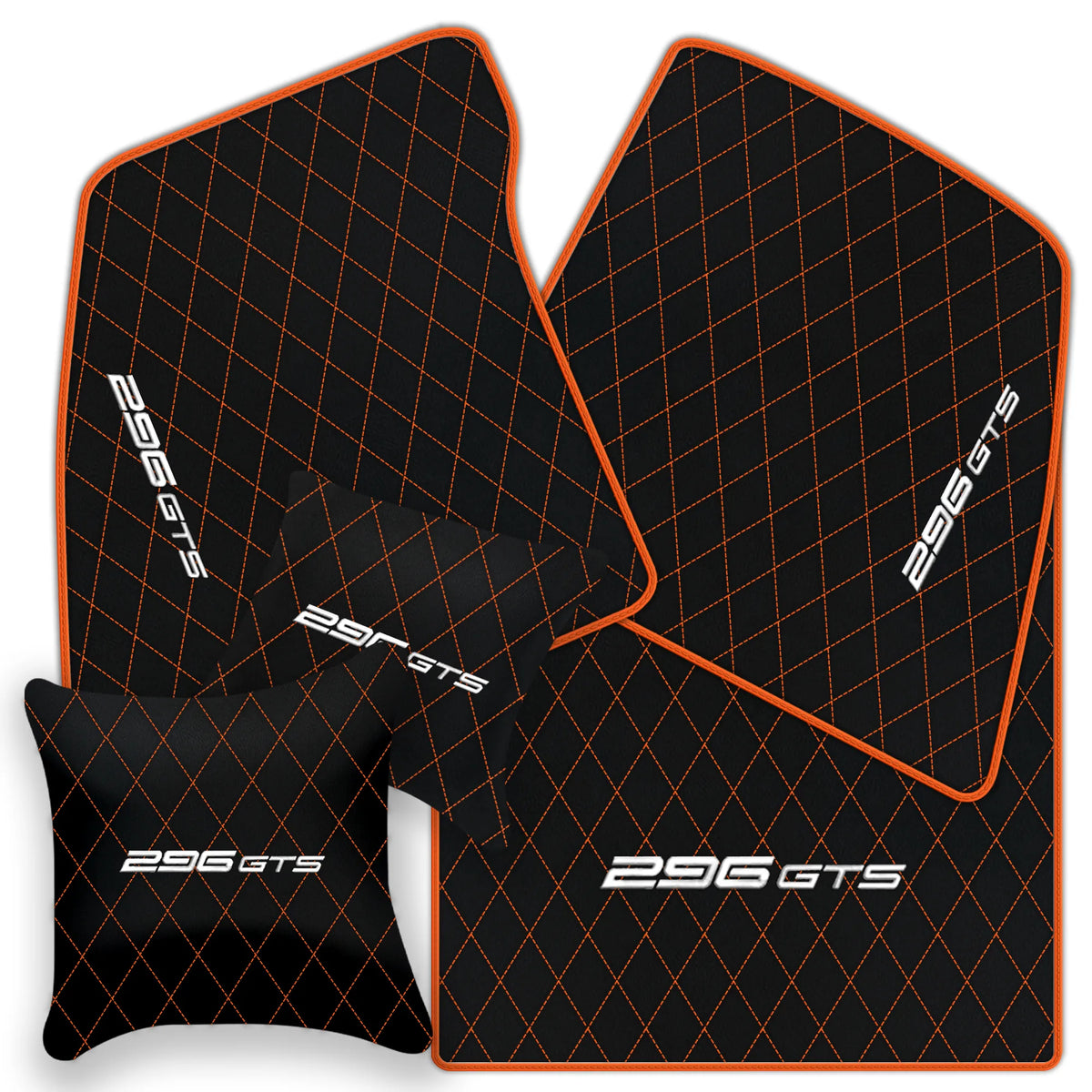 Black Leather Floor Mats for Ferrari 296 GTS (2022-2027) with Single Diamond Pattern | Full Set Option