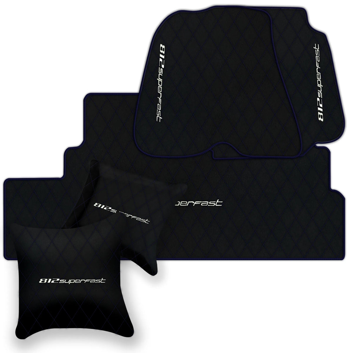 Black Leather Floor Mats for Ferrari 812 Superfast (2018-2023) with Single Diamond Pattern | Full Set Option