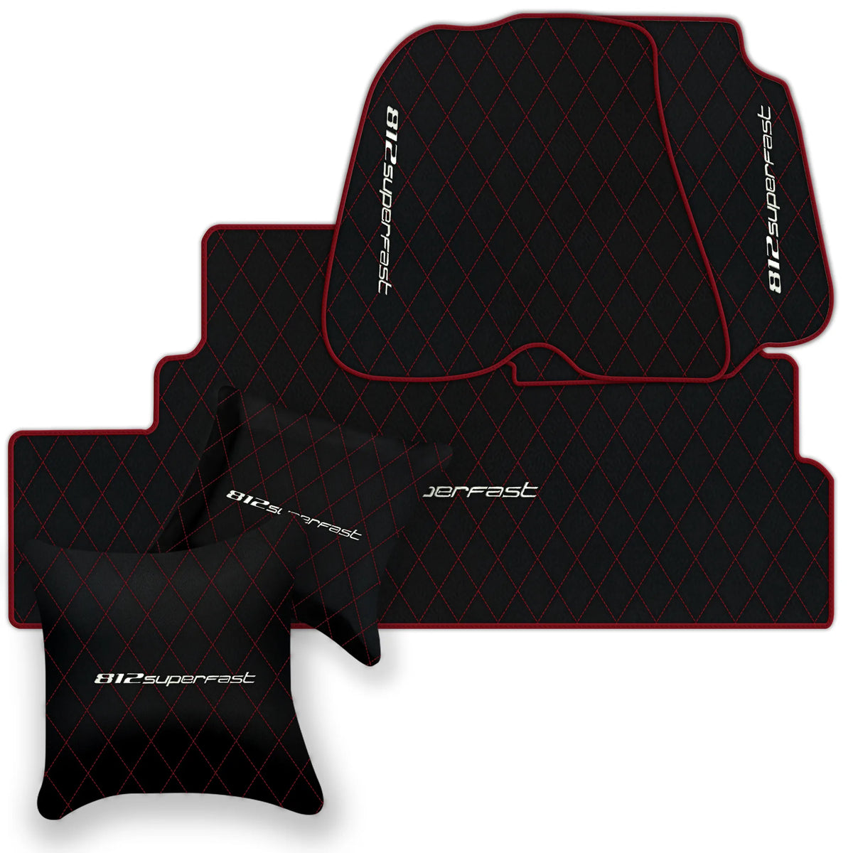 Black Leather Floor Mats for Ferrari 812 Superfast (2018-2023) with Single Diamond Pattern | Full Set Option