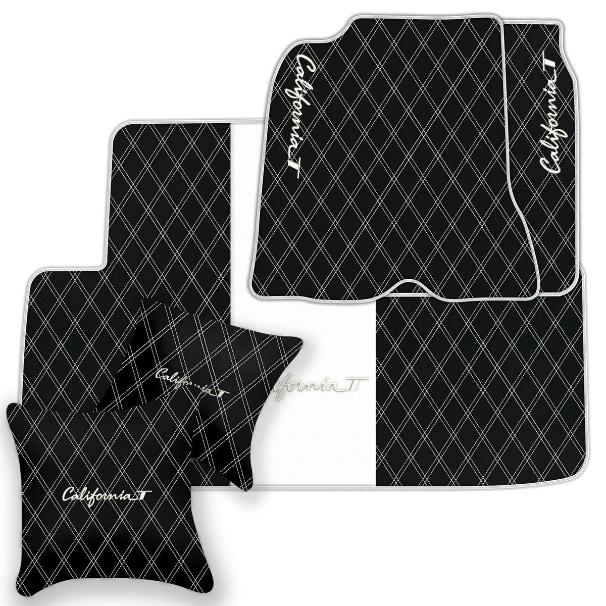 Black Leather Floor Mats for Ferrari California T (2015-2018) with Double Diamond Pattern | Full Set Option