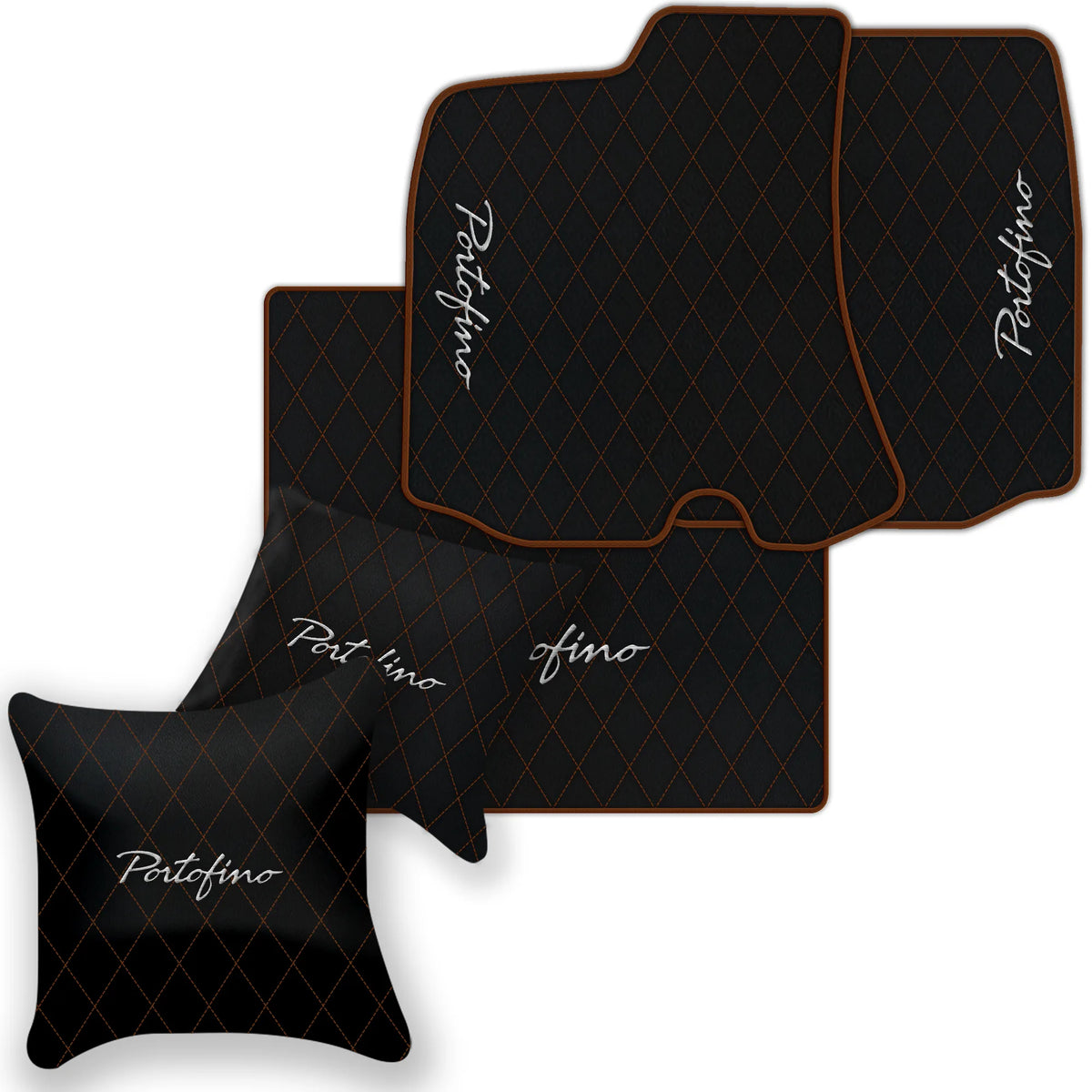 Black Leather Floor Mats for Ferrari Portofino (2018-2023) with Single Diamond Pattern | Full Set Option
