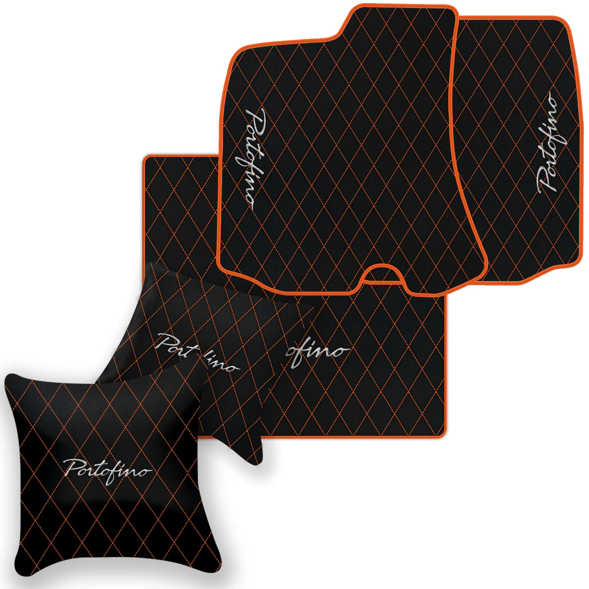 Black Leather Floor Mats for Ferrari Portofino (2018-2023) with Single Diamond Pattern | Full Set Option