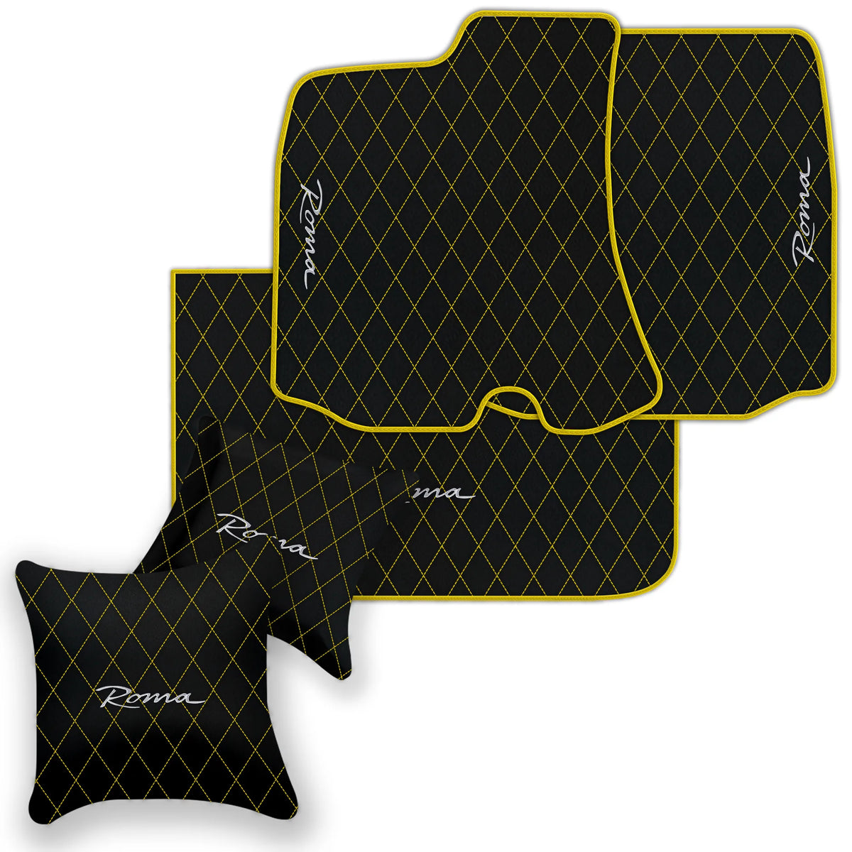 Black Leather Floor Mats for Ferrari Roma (2021-2027) with Single Diamond Pattern | Full Set Option