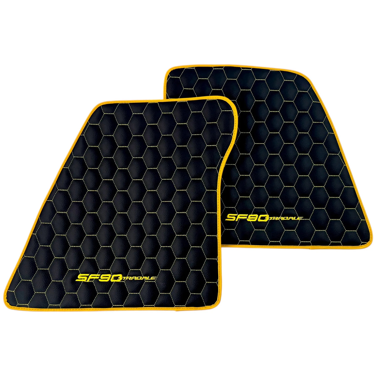 Black Leather Floor Mats for Ferrari SF90 Stradale (2019-2024) with Symmetrical Hex Pattern