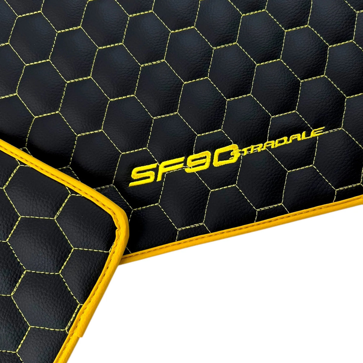 Black Leather Floor Mats for Ferrari SF90 Stradale (2019-2024) with Symmetrical Hex Pattern