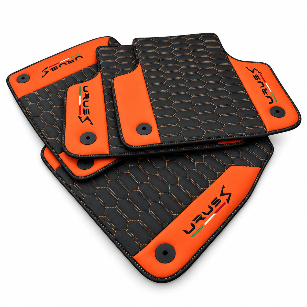 Black Leather Floor Mats For Lamborghini Urus S With Orange Nappa Leather - AutoWin