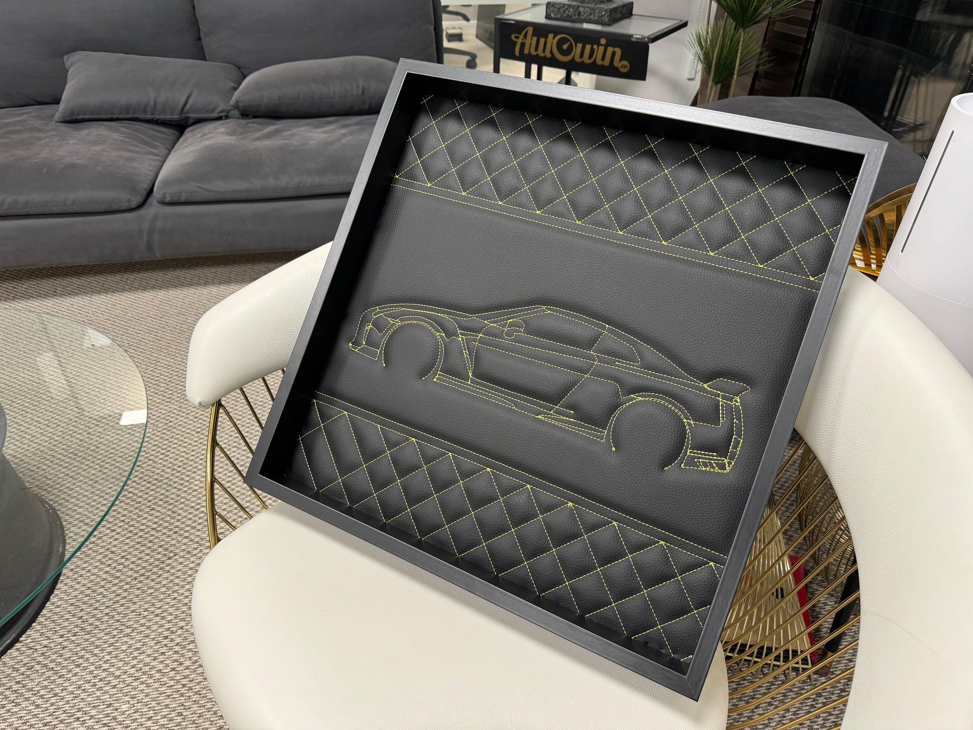 Black Leather Nissan GTR Inspired Wall Art: Embroidered Yellow Stitch Luxury Decor - AutoWin