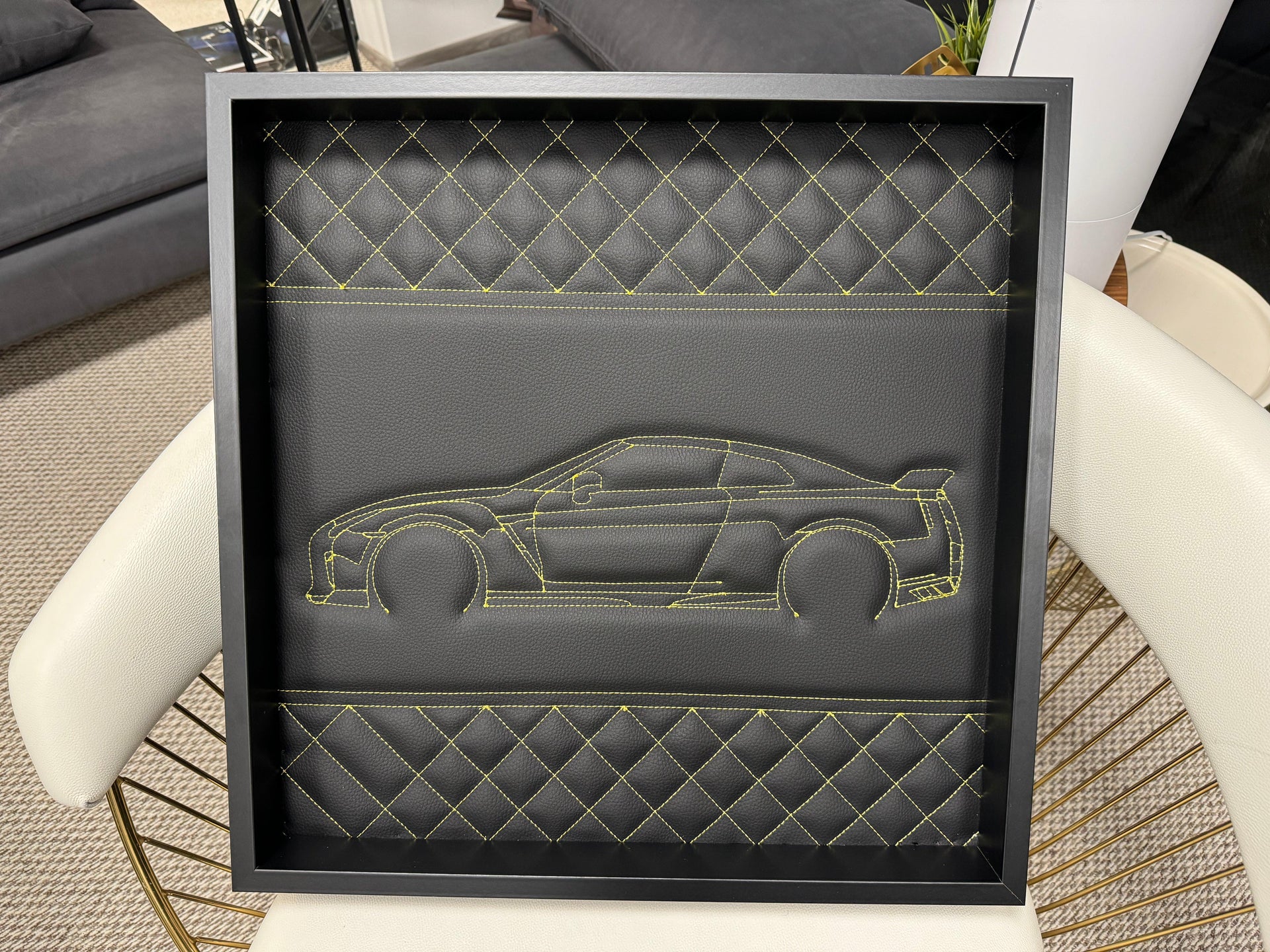 Black Leather Nissan GTR Inspired Wall Art: Embroidered Yellow Stitch Luxury Decor - AutoWin
