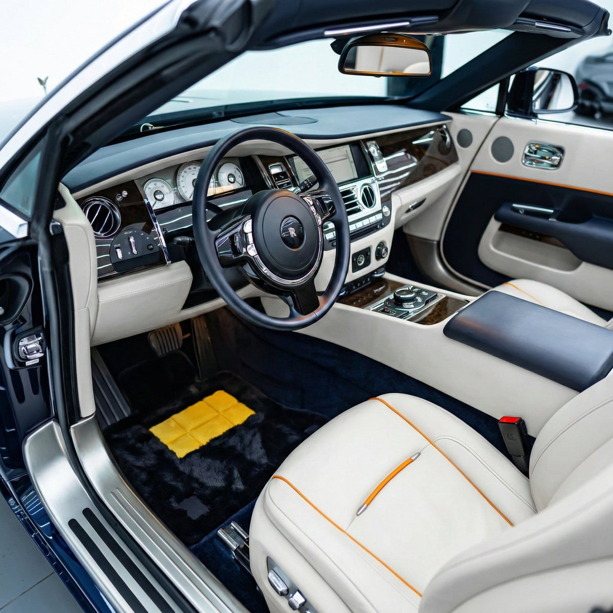 Black Sheepskin Floor Mats for Rolls Royce Dawn (2016-2023) Various Leather Colors