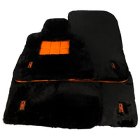 Black Sheepskin Floor Mats for Rolls Royce Dawn (2016-2023) with Orange Leather