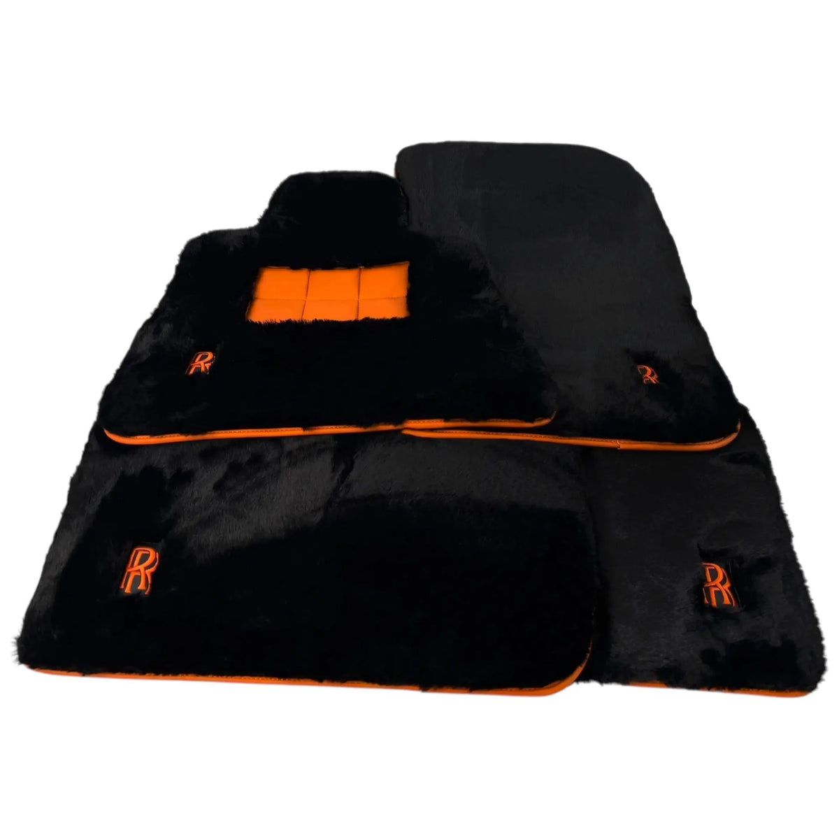Black Sheepskin Floor Mats for Rolls Royce Phantom Sedan (2003-2016) with Orange Leather