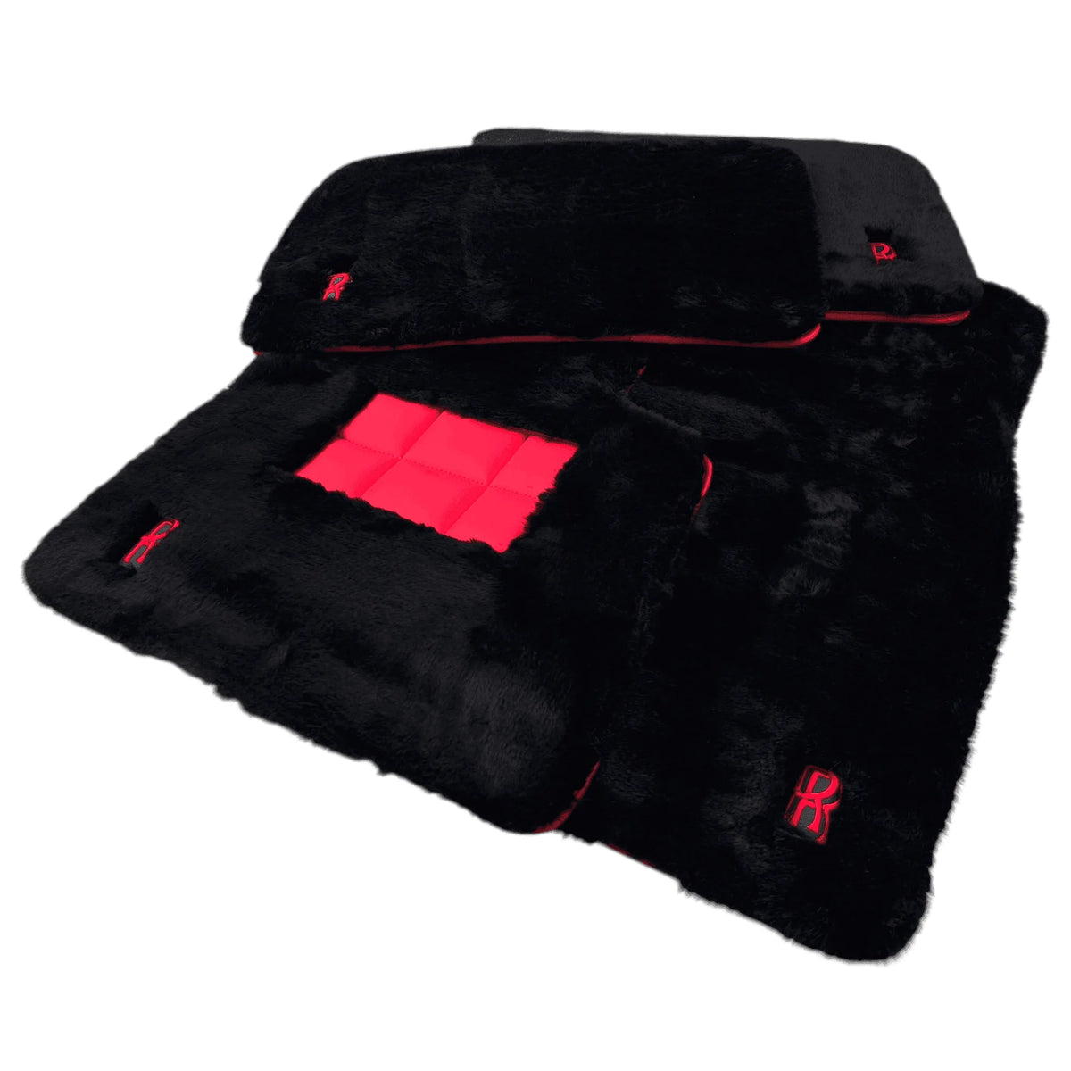 Black Sheepskin Floor Mats for Rolls Royce Phantom Sedan (2003-2016) with Red Leather
